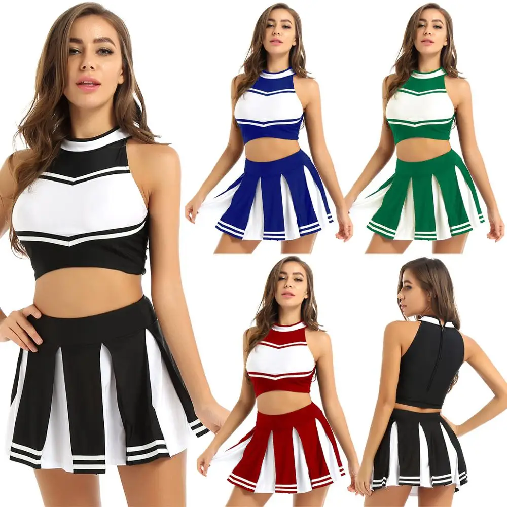 2Pcs Women Schoolgirls Cheerleader Costume Adults Cheerleading Uniforms Dress Up Outfit Sleeveless Crop Top + Mini Pleated Skirt