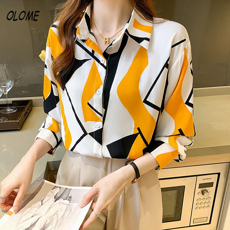 Fashion Korean Women'S Chiffon Shirt Long Spring Autunm SleeveA bstract Pattern Print Womens Chiffon Blouses Female Tops Clothes