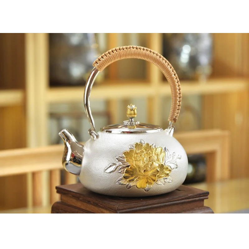 Silver pot 999 sterling silver handmade tea set Japanese retro teapot kettle home tea ceremony Kungfu tea set 800ml