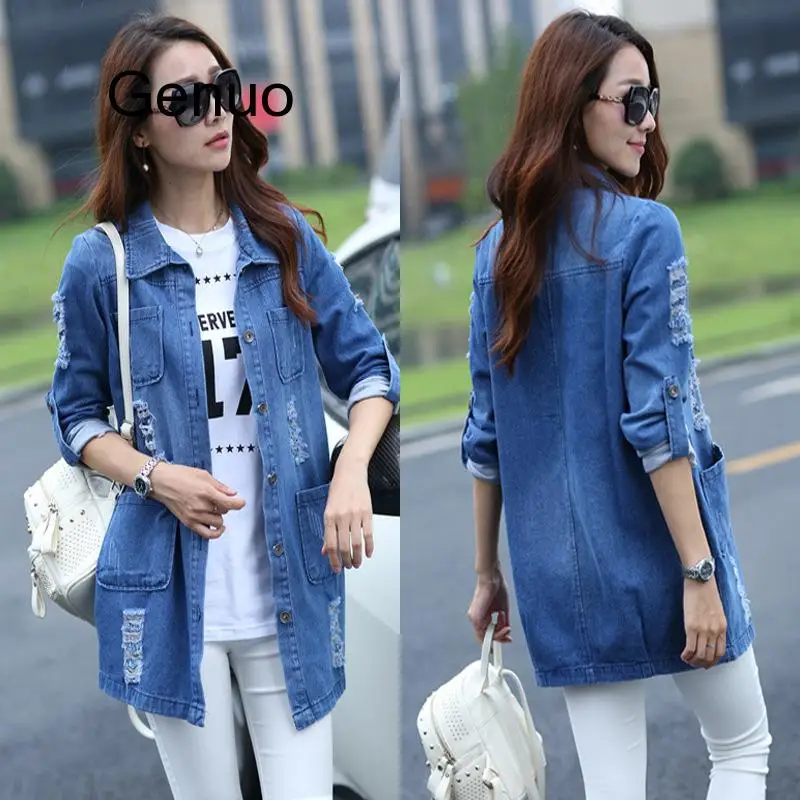 S-5XL Basic Long Jeans Coats Women Ripped Denim Jacket Femme Vintage Frayed Jackets Hole Outwear Casacos Feminino