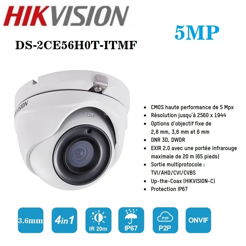 

Original Hikvision 5MP Camera Home / Outdoor DS-2CE56H0T-ITMF 4 in 1 CVI / TVI / AHD / CVBS IP67 Infrared 20m