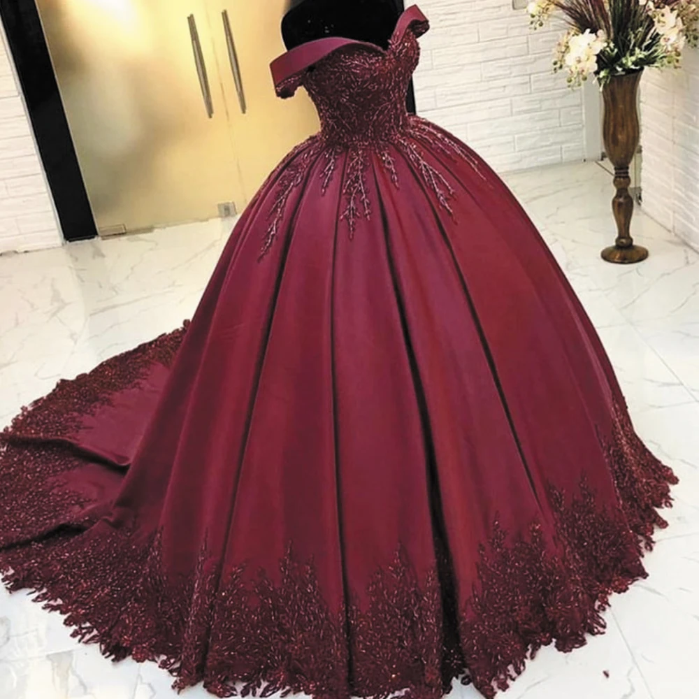 SuperKimJo Vestido De Noiva Burgundy Wedding Dress Ball Gowns Lace Applique Beaded Off the Shoulder Luxury Wedding Gown