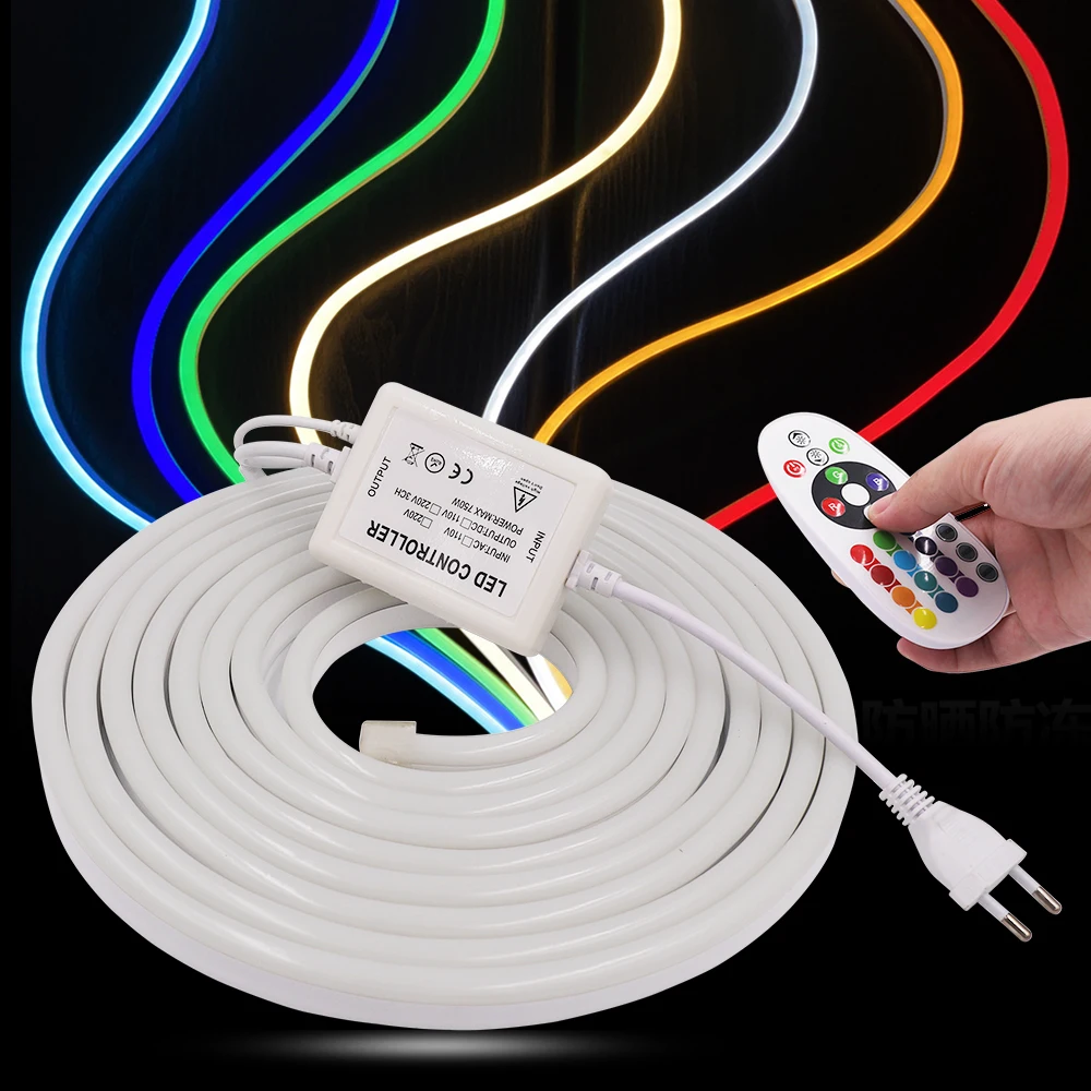 220V LED Strip RGB Neon Light Lamp SMD5050 60Leds/m Waterproof Outdoor Lighting Neon Sign RGB Led Rope Tape With Remote Control