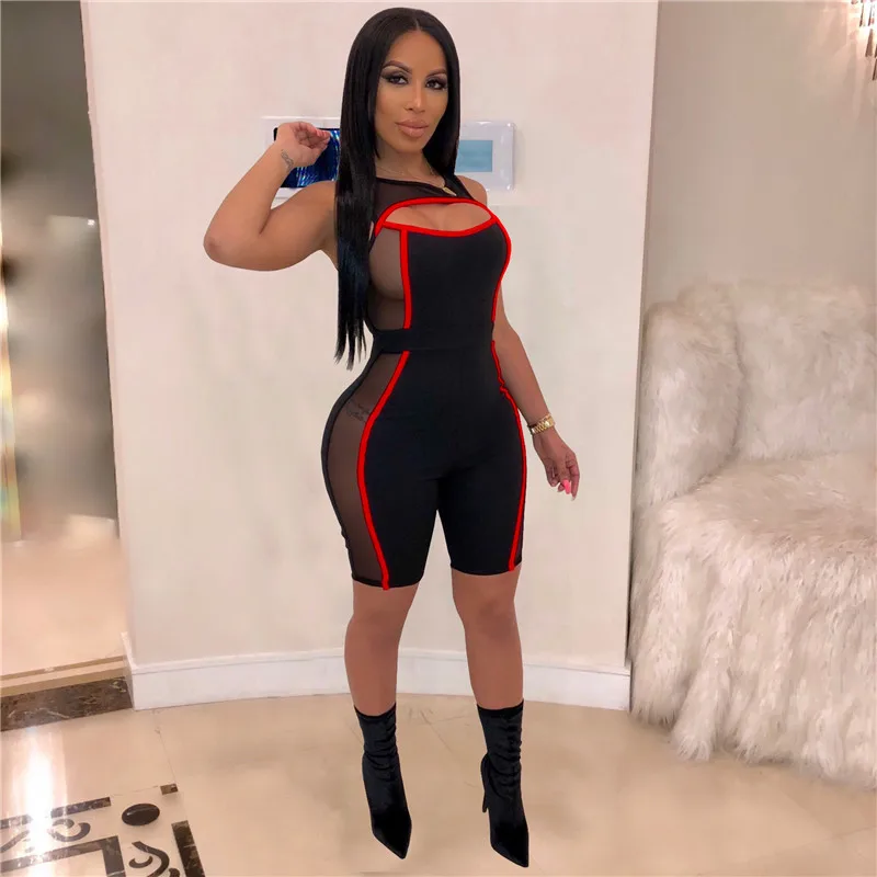 2020 New Sexy Women Sleeveless Mesh Patchwork Jumpsuit See Through Bodysuit One-piece Cut Off Hole Rompers Beach Sports Playsuit