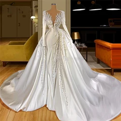 Vestido de casamento de luxo pérolas, Manga comprida, Vestidos nupciais personalizados, Decote em V removível, Vestido de noiva tribunal, Moda, 2023