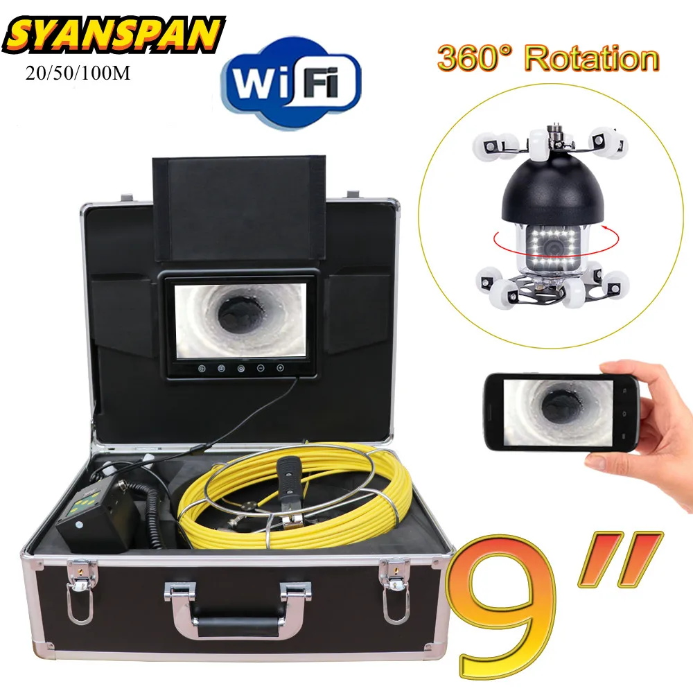 

SYANSPAN 360 Rotation 9" WiFi Pipe Inspection Video Camera 20-100m Drain Sewer Pipeline Industrial Endoscope