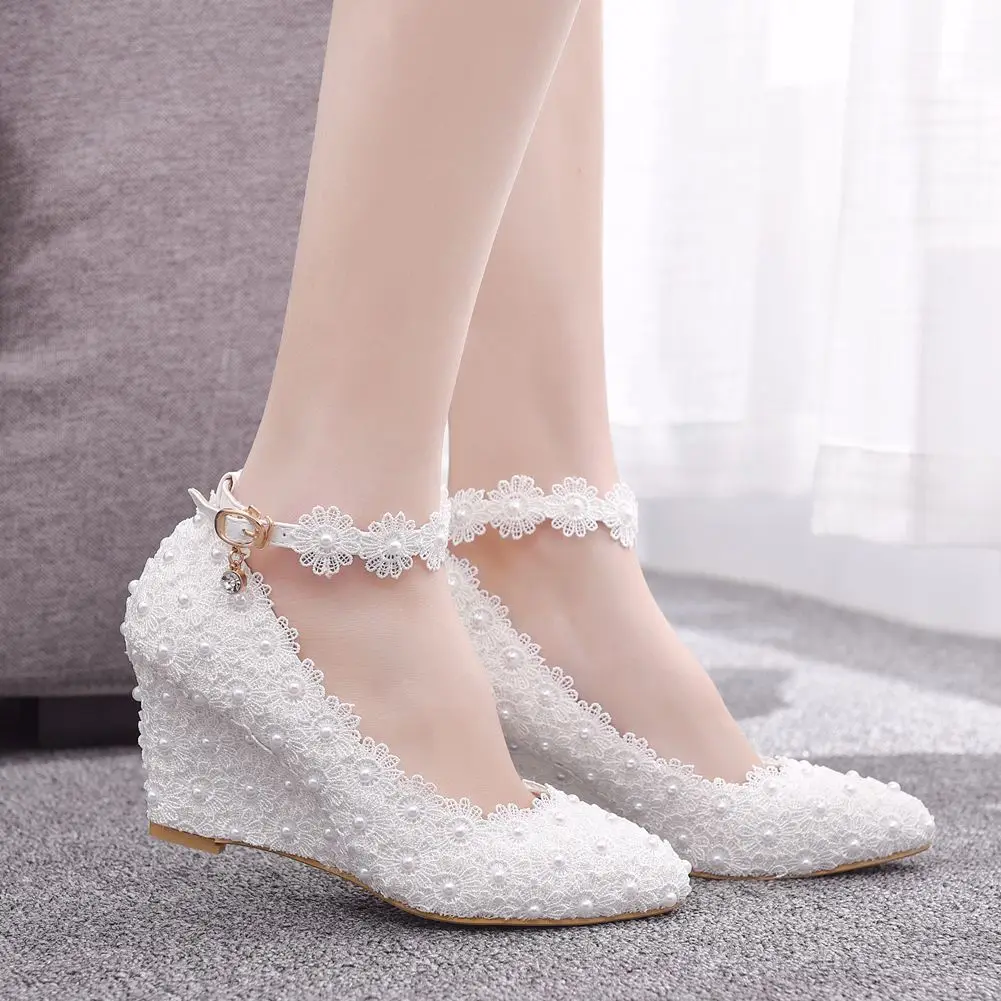 Fashion pink white wedges wedding pumps sweet white flower lace pearl platform pump shoes bride dress high heels Women\'s sandals