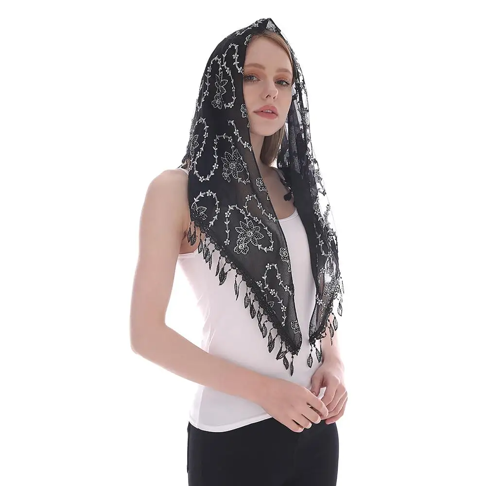 Embroidered Scarf for Church Catholic Prayer Shawl Spanish Mantilla Lace Hollow Veil Scarf Tassel Floral Transparent Shawl Laven