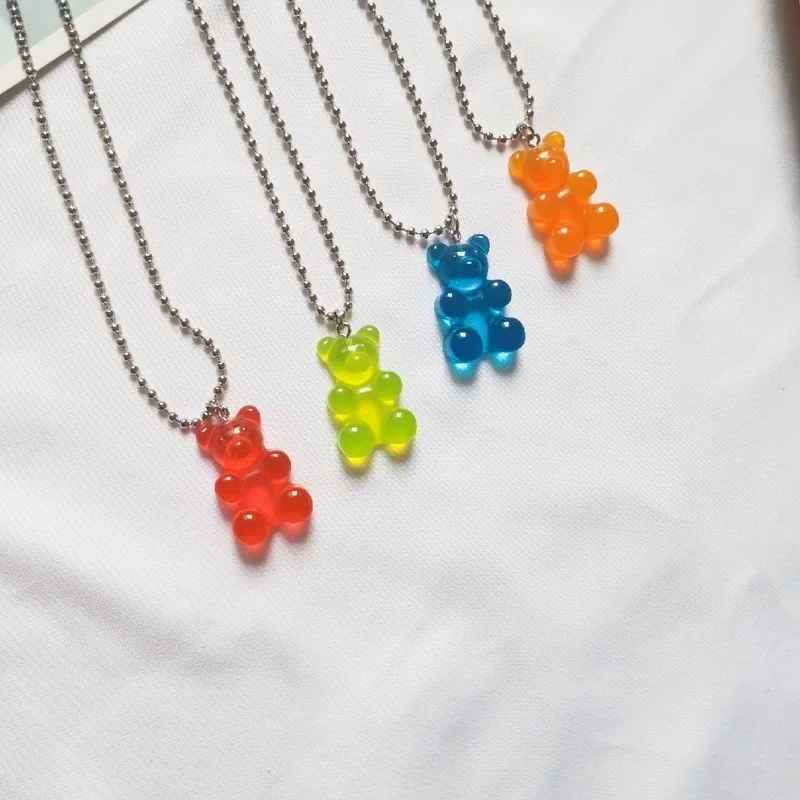 Fashion Candy Color Resin Bear Necklace Cartoon Cute Girl Beads Chain Bear Pendant Necklace Jewelry Party Friends Party Gift