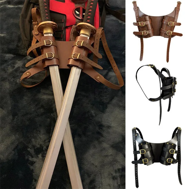 Medieval Samurai Double Katana Scabbard Leather Sword Holder Sheath Bag Men Warrior Cosplay Costume Back Sleeve Cover For Rapier