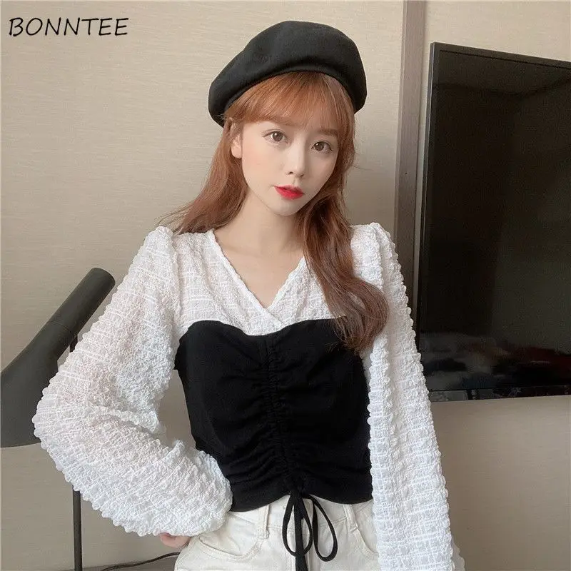 

Blouse Women Patchwork Lantern Sleeve Preppy Sweet V-neck Simple Office Ladies Shirring Crop Female Elegant Knitted Slim Korean