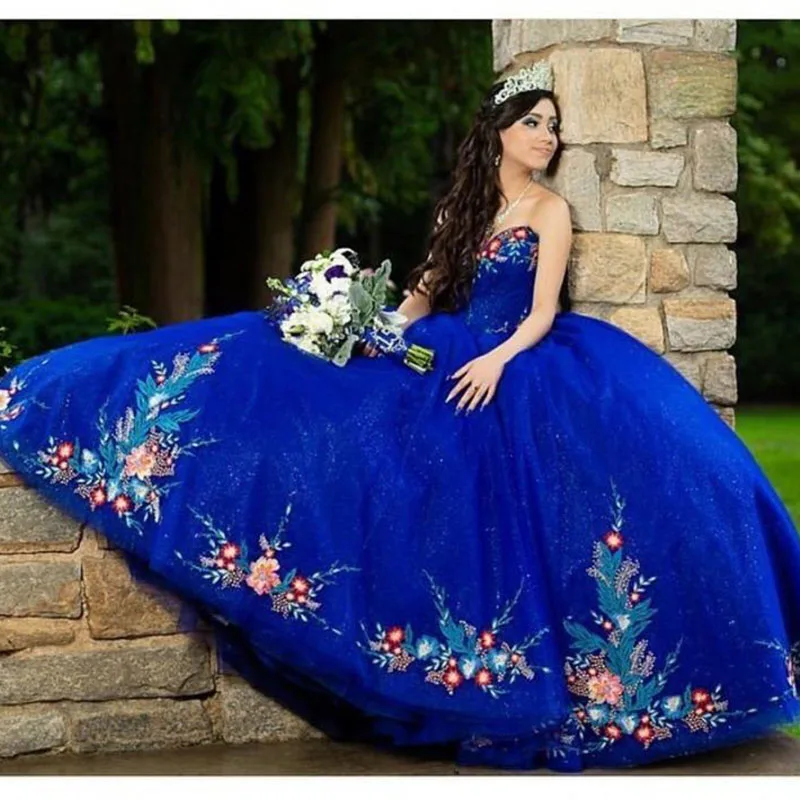 Mexican Charro Quinceanera Dresses Theme Royal Blue Embroidered Off The Shoulder Tulle Lace-up Ball Gown Sweet 16 Vestidos