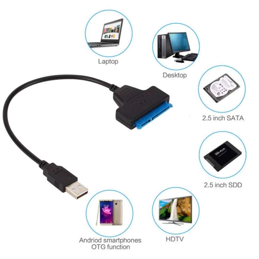 Grwibeou USB SATA 3 câble Sata vers USB 2.0 adaptateur jusqu'à 480 Mbps prise en charge disque dur SSD externe HDD 2.5 pouces 22 broches Sata III