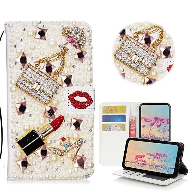 Lipstick Kiss Flower Handbag Diamond Flip Wallet Leather Case Cover For Samsung Galaxy Note 20 10 S23 S22 S21 S20 Ultra S10 Plus