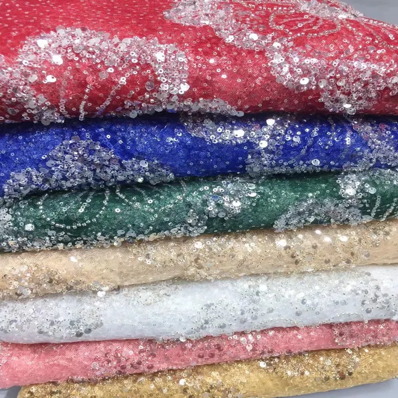 

Latest New African sequins Tulle Lace Fabric 2021 High Quality Lace With Sequence Nigerian French Mesh Lace Fabric For Wedding L