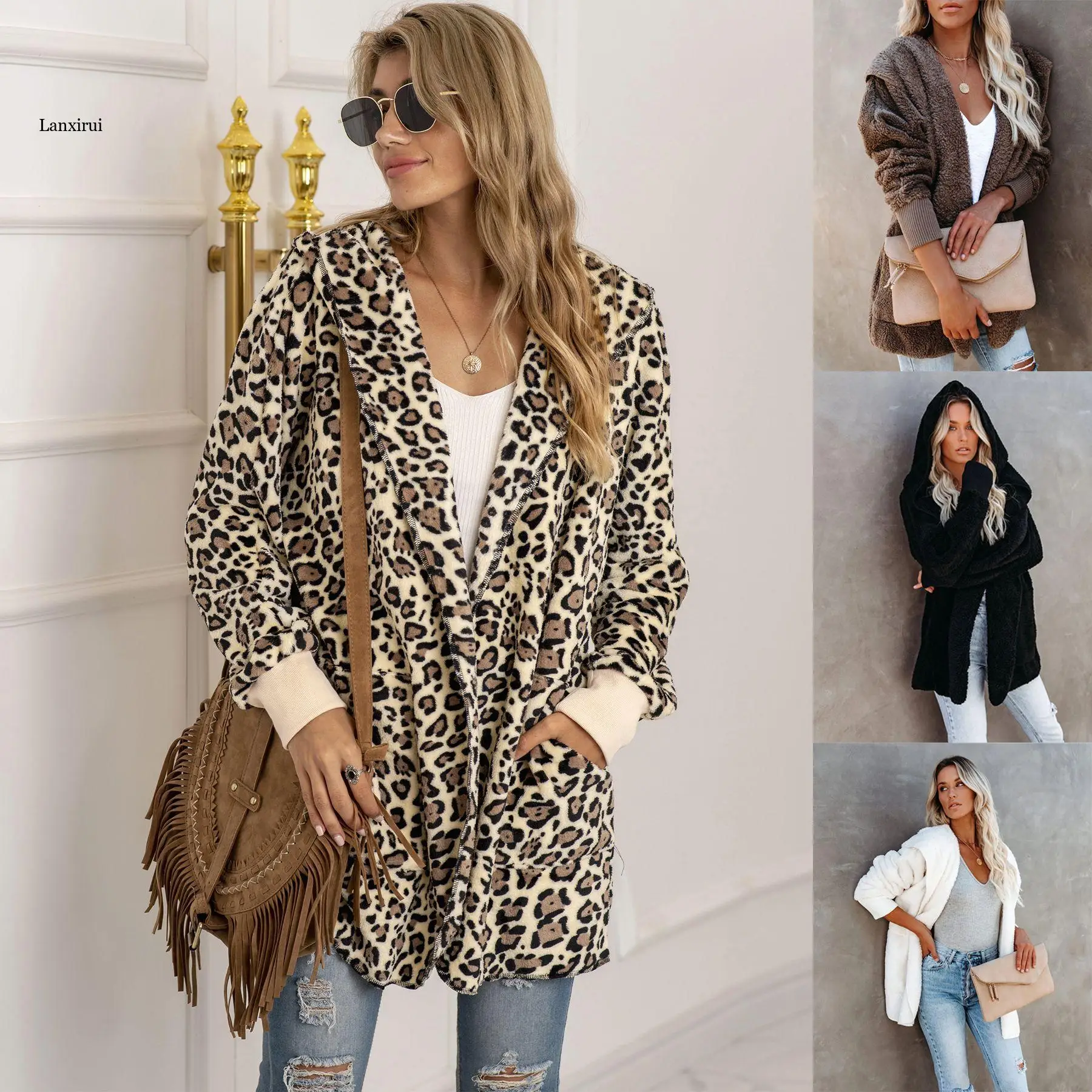 Faux Fur Jackets Women Coats Long Sleeve Warm Leopard Hooded Coats Short Outerwear Female Autumn Winter Overcoat