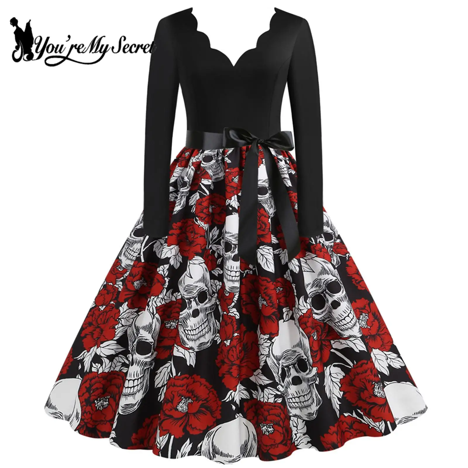 [You're My Secret] Black Big Swing Robe Vintage Femme Gothic Skull Print 3D Halloween Holidays Party Rockabilly Dress