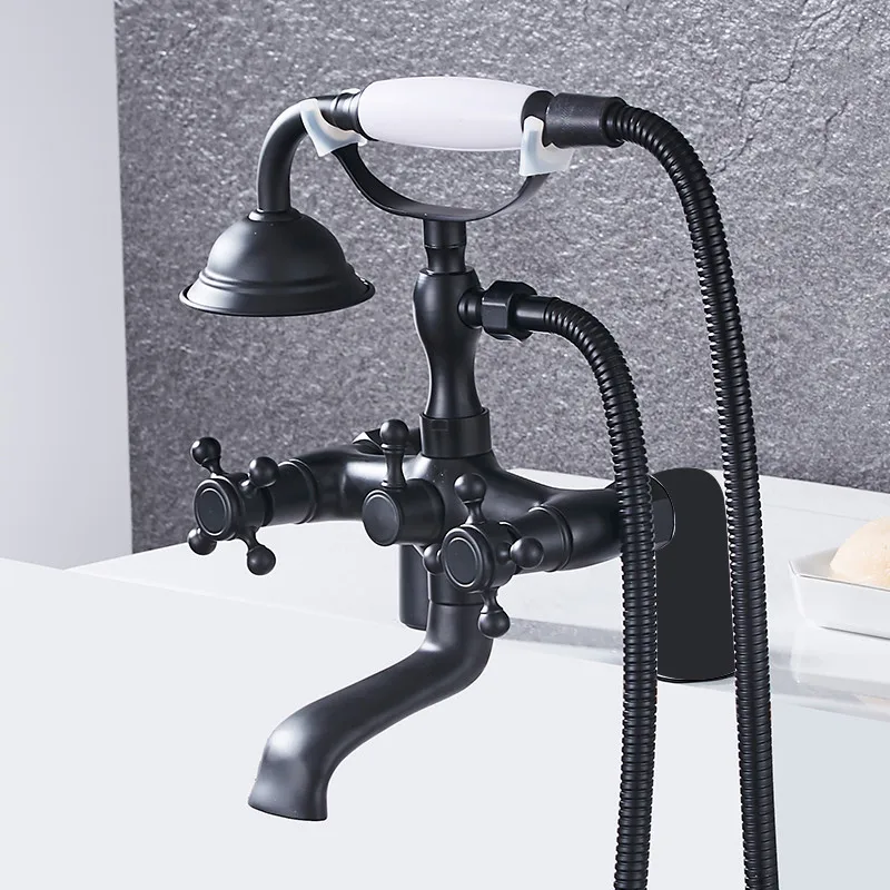 Imagem -02 - Torneiras de Chuveiro do Banheiro Conjunto Quente & Frio Latão Banheira Torneiras Misturadoras com Handheld Fixado na Parede Telefone Forma Ouro Antigo Cromo Preto