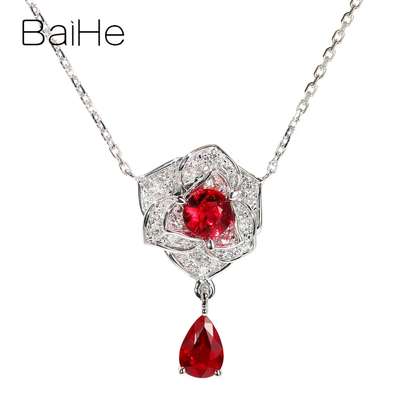 

BAIHE Solid 18K White Gold Natural Ruby Diamond Necklace Women Clavicle Chain Wedding Trendy Fine Jewelry قلادة روبي Collar