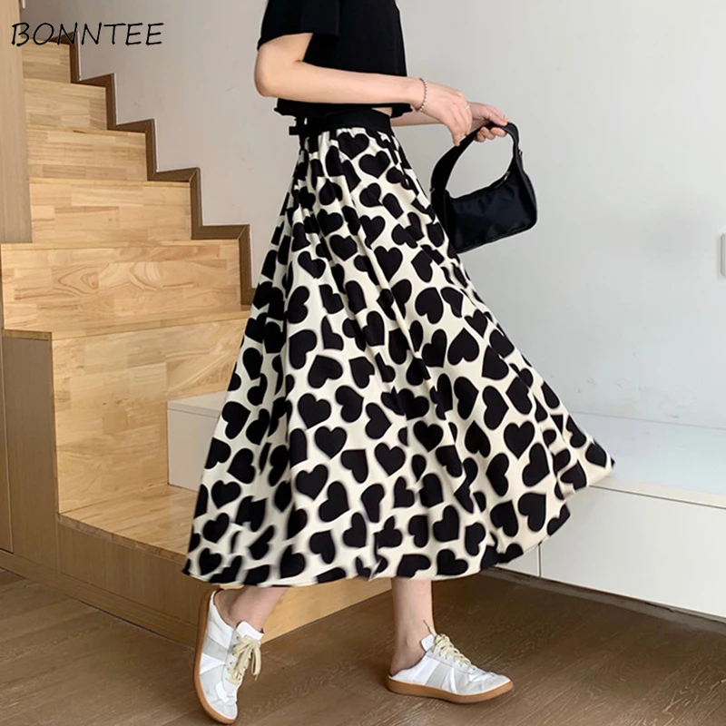 Skirt Women Heart-print Mid-Calf Elegant A-Line Empire Slim Korean Style Leisure Ladies Comfortable All-match Soft Faldas Fit