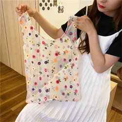 Borsa da donna in tessuto a rete pieghevole trasparente con ricamo a margherita borsa per la spesa in Tulle con fiore multicolore Tote 2024