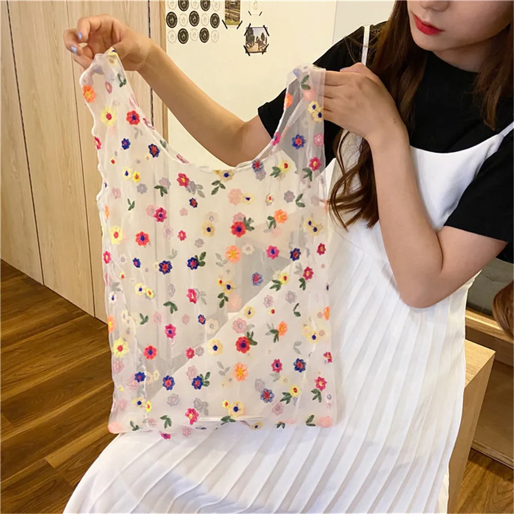 Women Transparent Foldable Mesh Cloth Daisy Embroidery Handbag Multicolored Flower Tulle Fruit Bag Purse Shopping Bag Tote 2024