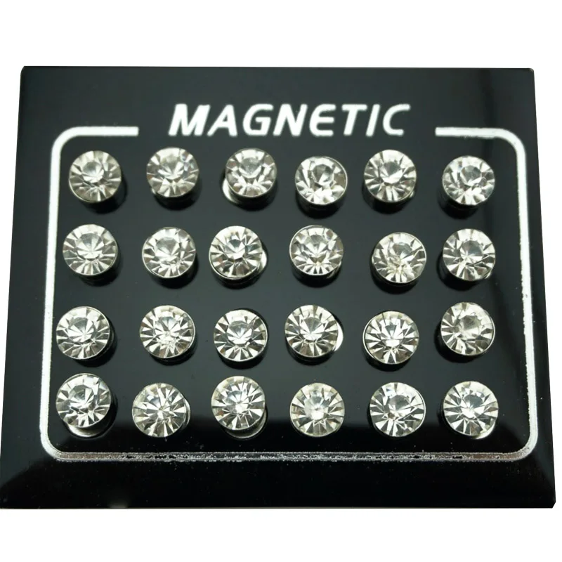 12 Pair/lot 3/4/5/6/7mm Round Crystal Rhinestone Magnet Stud Earring Puck Women Mens Magnetic Fake Ear Plug Jewelry