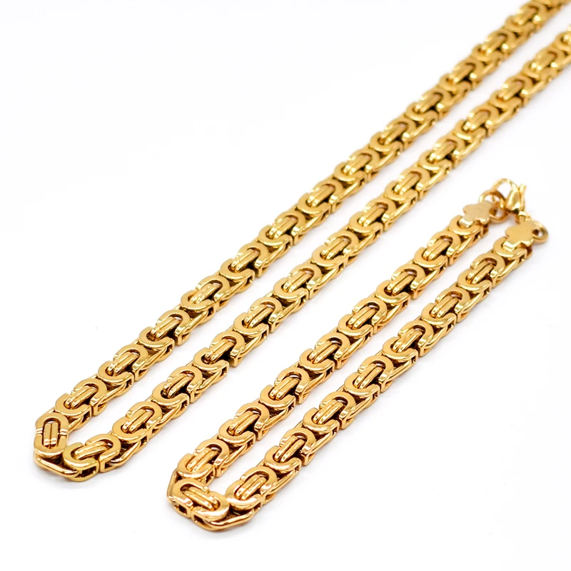 AMUMIU Mens Chain Stainless Steel Necklace Bracelet set Flat Byzantine fashion necklaces women Punk Party HTZ091A