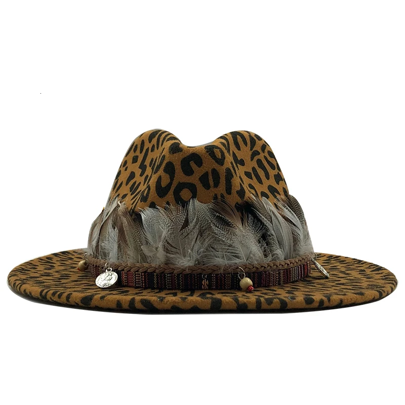 2019 new Trend Unisex Flat Brim Wool Felt Jazz Fedora Hats Men Women Leopard Grain feather Band Decor Trilby Panama Formal Hats
