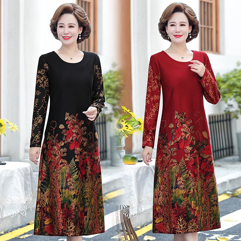 Vintage Print Positioning flower  Casual Midi Dress Autumn Elegant Women Boho Maxi Dress Party Long Sleeve  Vestidos