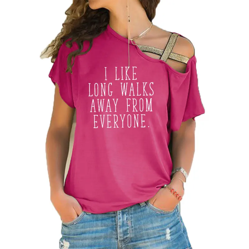 I like long walks away from everyone t shirt slogan women fashion grunge tumblr aesthetic tees Irregular Skew Cross Bandage top