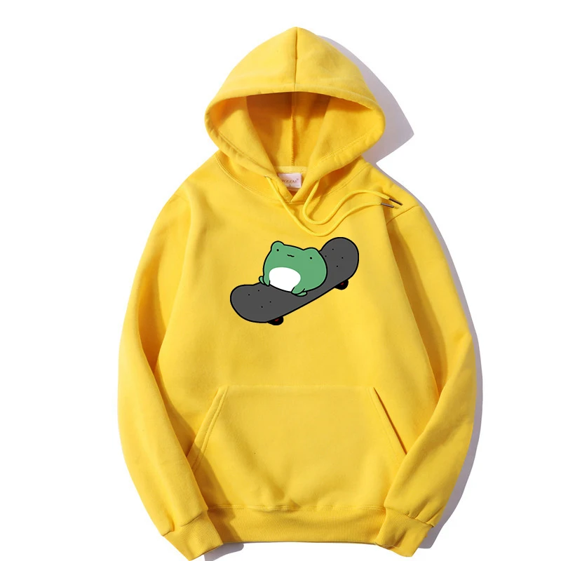 Winter Skateboard Frog Oversized Sweatshirt Men and Women\'s Hoodies Harajuku Warm Pullover Drawstring Pink Womens Korean style