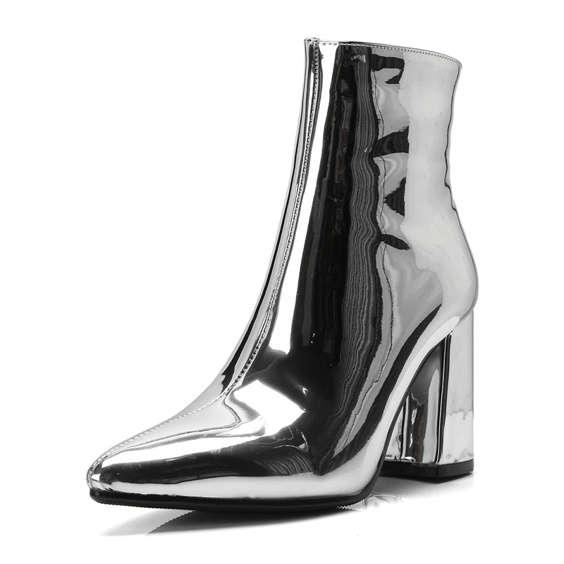 2019 New Sliver Gold Women Ankle Boots Pointed Toe Chunky High Heel Boots Mirror Metallic Women Pumps Female Sexy Stiletto Boots