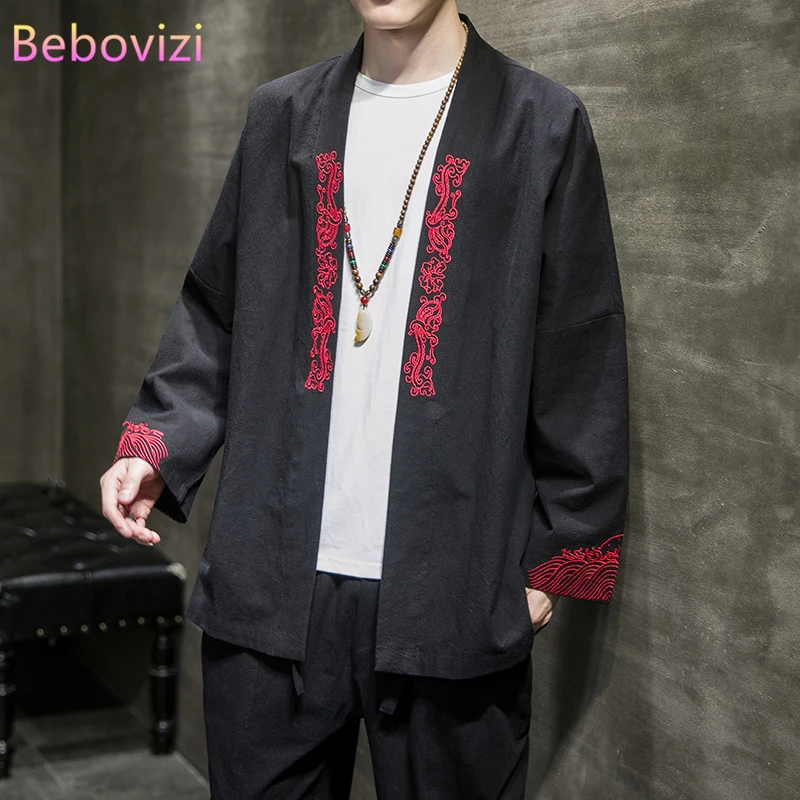 

2020 New Blue Black Linen Embroidery Japanese Fashion Kimono Traditional Men Cardigan Shirt Blouse Asian Clothes Samurai Male