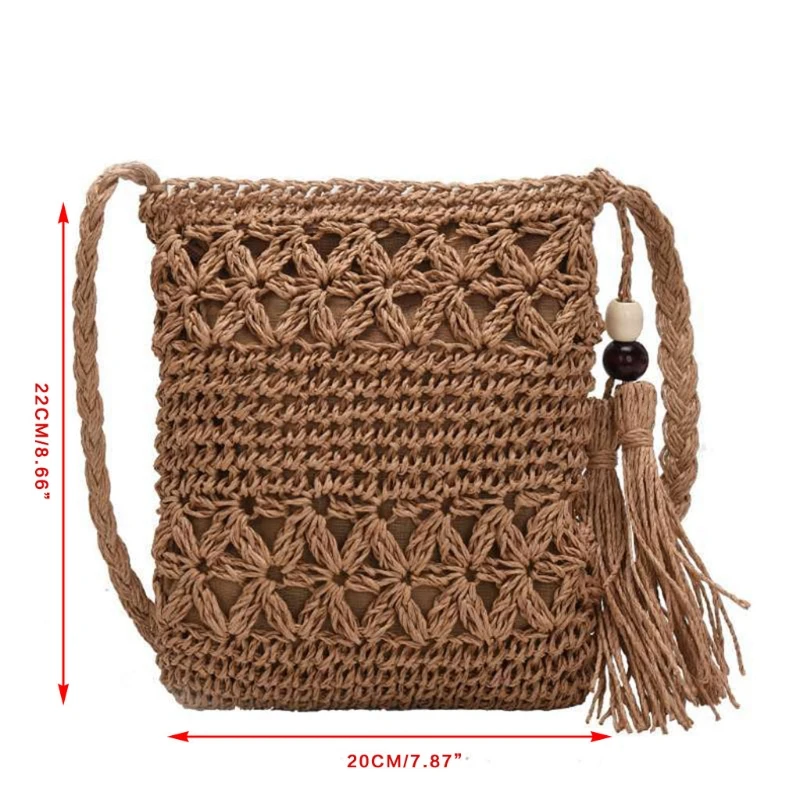 Women Beach Woven Straw Shoulder Messenger Bag with Tassel Boho Hollow Out Crochet Crossbody Handbag Macrame Clutch Purse with