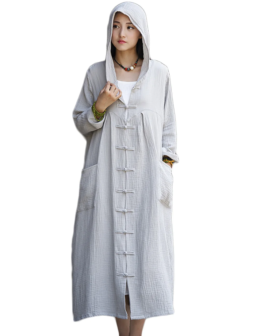 

LZJN Autumn Women's Trench Coat Cotton Linen Hoodie Jacket Long Sleeve Chinese Frog Button Outwear with Pocket