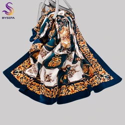 BYSIFA|New Fashion Ladies' Scarves Luxury Blue Gold 100% Silk Scarf Hijab 90*90cm All Match Fall Winter Female Square Scarf Cape