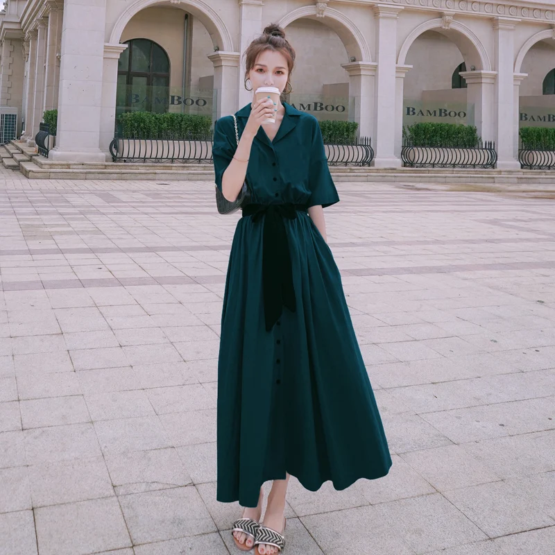 2020 Women Summer Dark Green Elastic High Waist Chiffon Long Shirt Dress Sashes Vintage Elegant A-line Midi Dresses