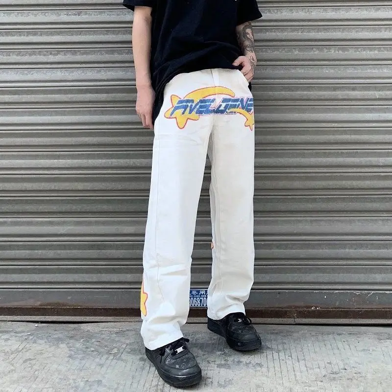 New Letter Embroidery Jeans Men's and Women's Hip Hop High Street Loose Wide Leg Pants Versatile Korean Straight Baggy Pants