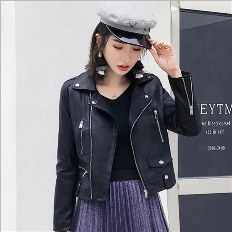 2020 New Autumn Women Pu Leather Jacket Woman Zipper Short Coat Female Black Punk Bomber Faux Leather Outwear spring  Blazer