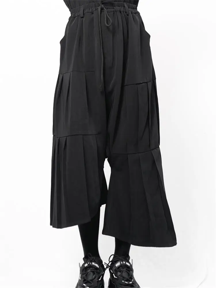 Yamamoto style wide-leg culottes irregular asymmetrical black folding loose large size Haren pants