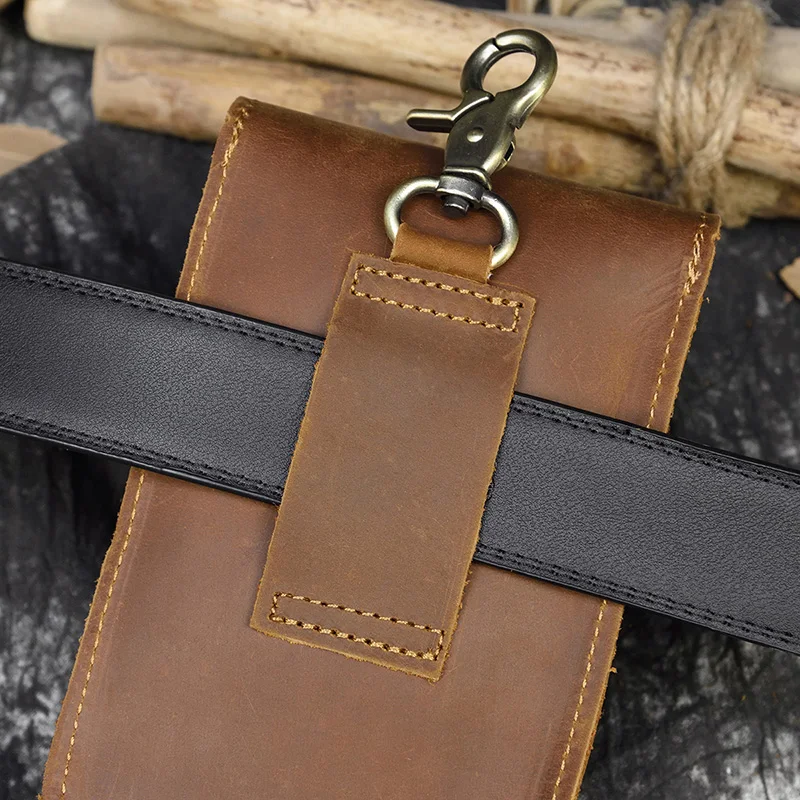 Men\'s Genuine Leather Belt Bag Real Leather Waist Bag Double Layer Waist Pack For Phone Buckle Cigarette Case Fanny Wallet Hook