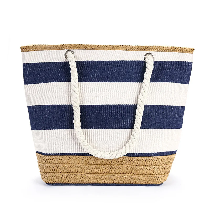 Striped Canvas Handbag For Women Large Capacity Hit Color Travel Shopping Bag For Female New Casual Tote Shoulder Beach Bag