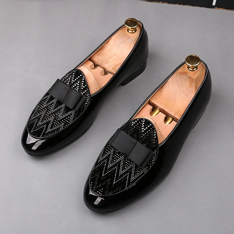 

italian brand designer mens fashion cow leather shoes slip on tassel shoe tie knot black loafers rhinestone party nightclub male