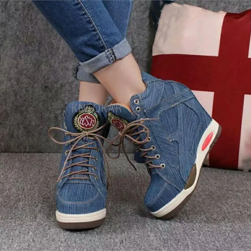 KNCOKA  Summer new style women comfortable wedge heel fashion simple denim canvas fish mouth open toe single shoe