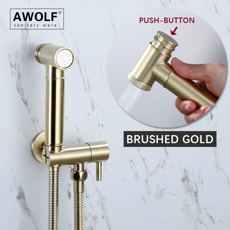 

Handheld Toilet Bidet Sprayer Brushed Gold Douche kit Solid Brass Valve Stainless Steel Push Button Shattaf Shower Faucet AP2261