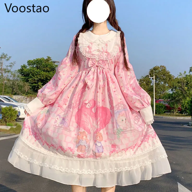 Japanese Victorian Sweet Lolita Op Dress Women Cute Sweetheart Town Cartoon Print Long Sleeve Dresses Fairy Kawaii Lace Dress