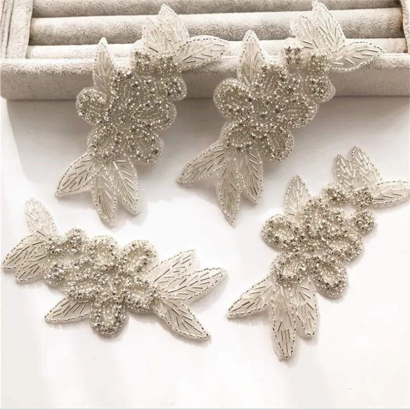 silver flower crystal Rhinestone lace Applique beaded applique Iron on patch for wedding dresses