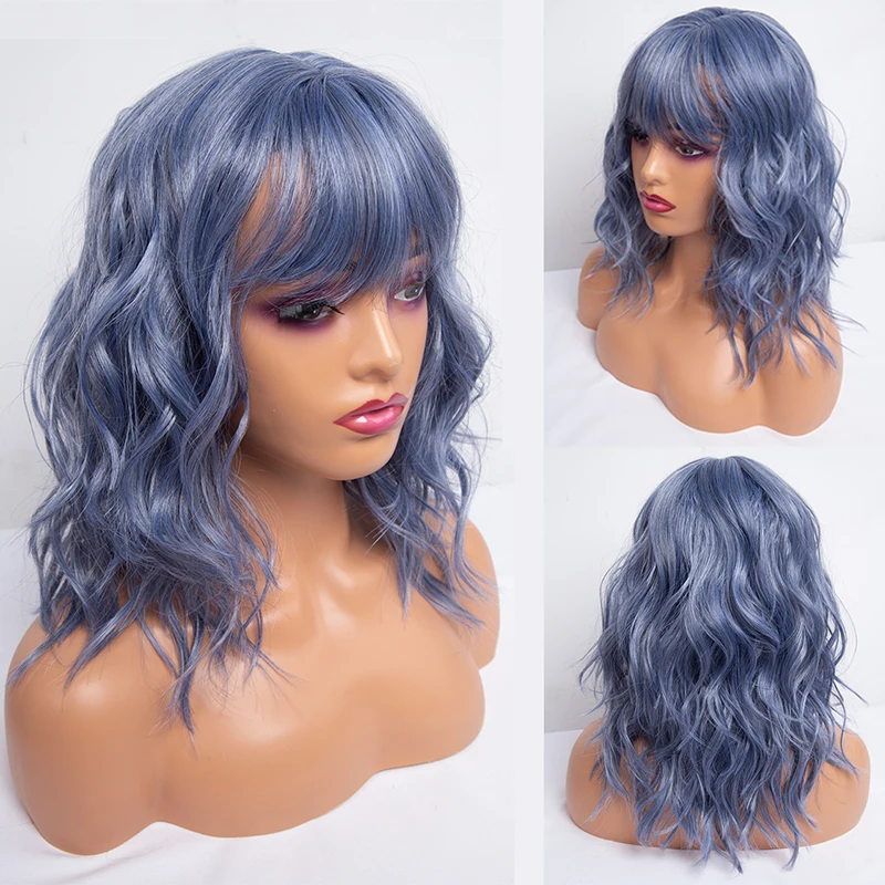 Synthetic Short Bob Wigs With Bangs for Women Pink Deep Curly Wave Wig Layered Heat Resistant Cosplay Party Blonde Fake Hair