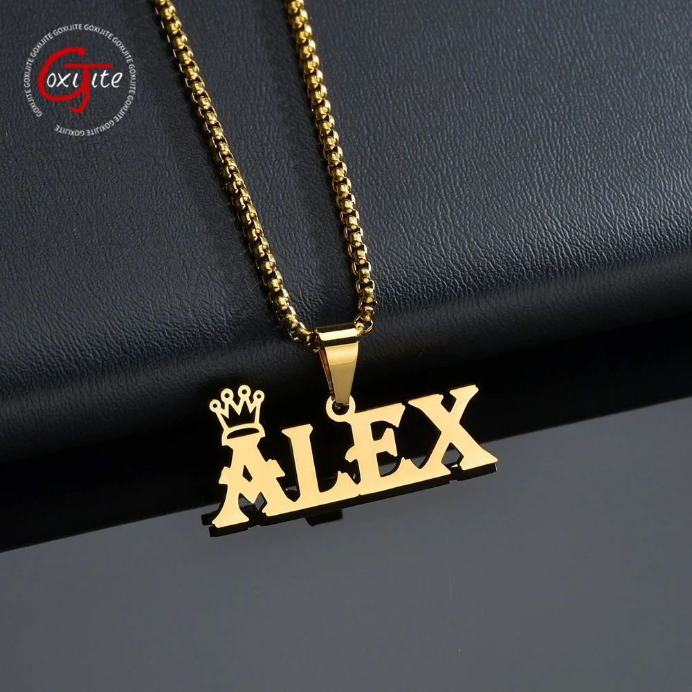 Goxijite Custom Crown Big Name Pendant For Men Women Personalized Double Letter Nameplates Cuban Chain Necklaces Handmade Gift